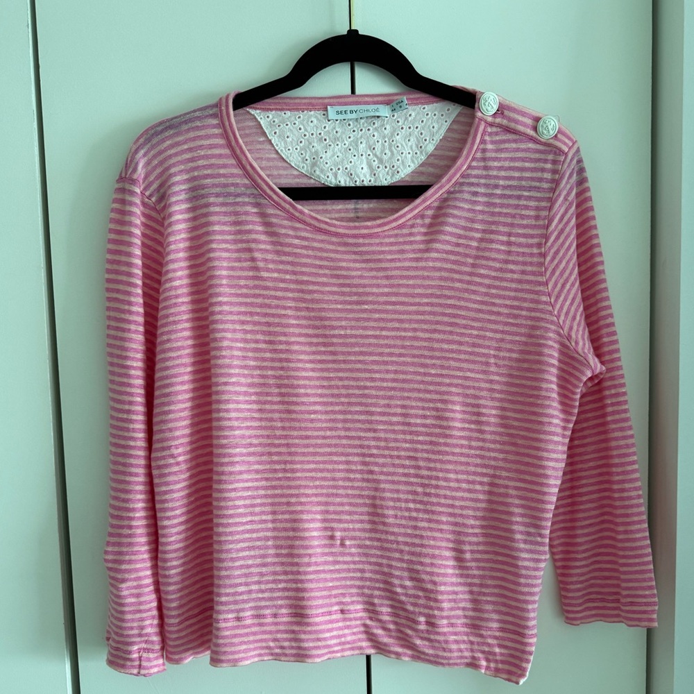 See by Chloe Pink and White Striped Quarter Sleeve Shirt w/ Anchor Button Detail